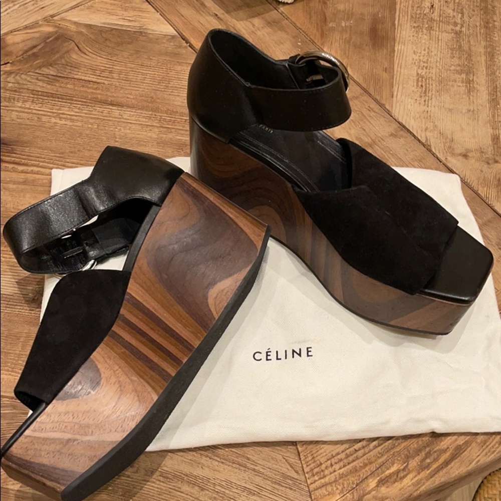 Celine Black Suede Wooden Platforms